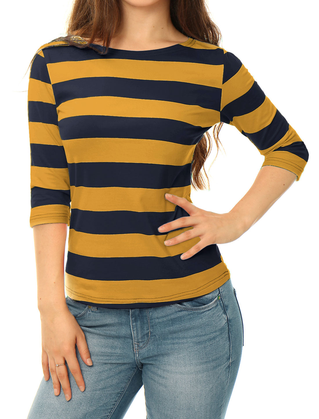 Striped 3/4 Sleeve Casual Basic Boat Neck T-shirt