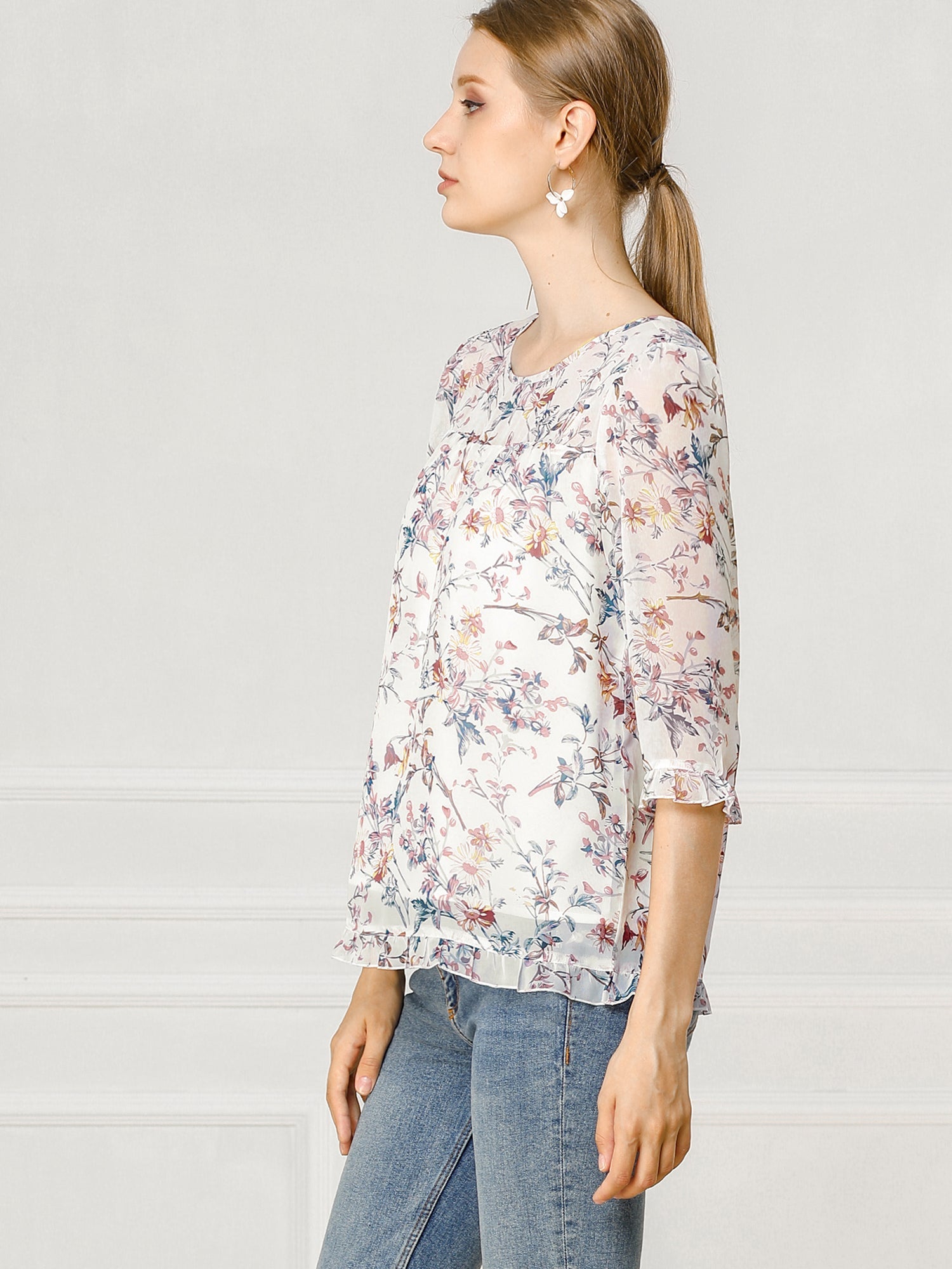 Casual Ruffle 3/4 Sleeve Floral Print Chiffon Blouse