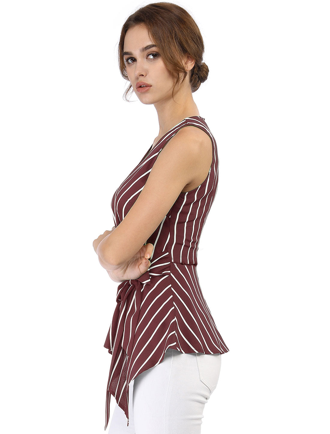 Sleeveless V Neck Tie Waist Asymmetric Hem Wrap Peplum Top