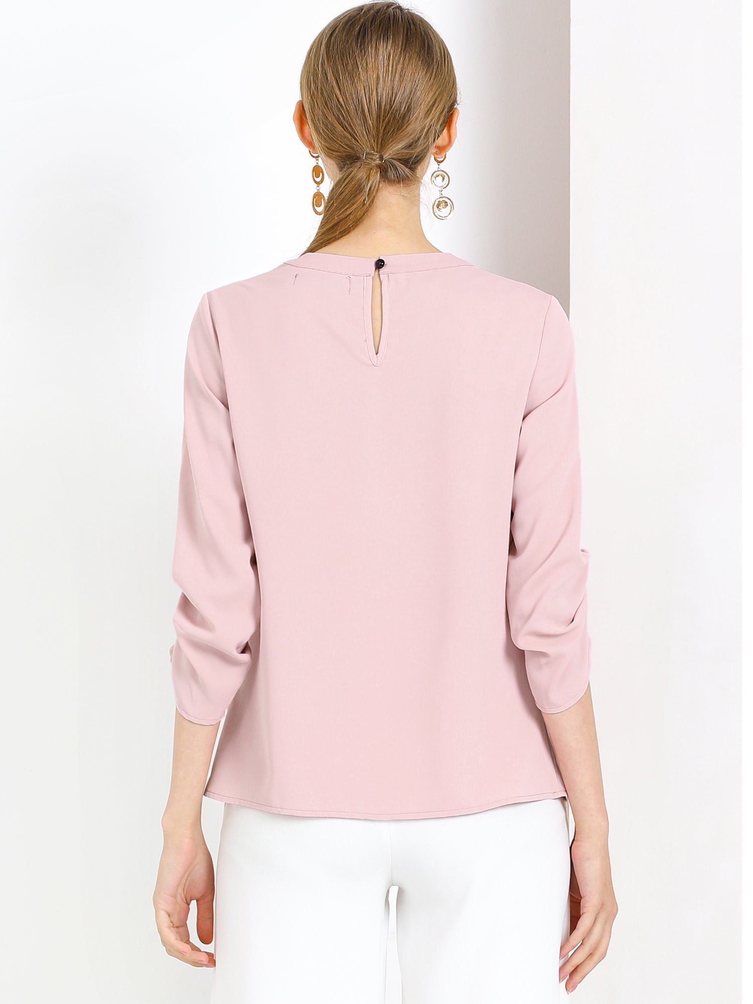Office Keyhole Pleated Front Ruched 3/4 Sleeve Chiffon Blouse