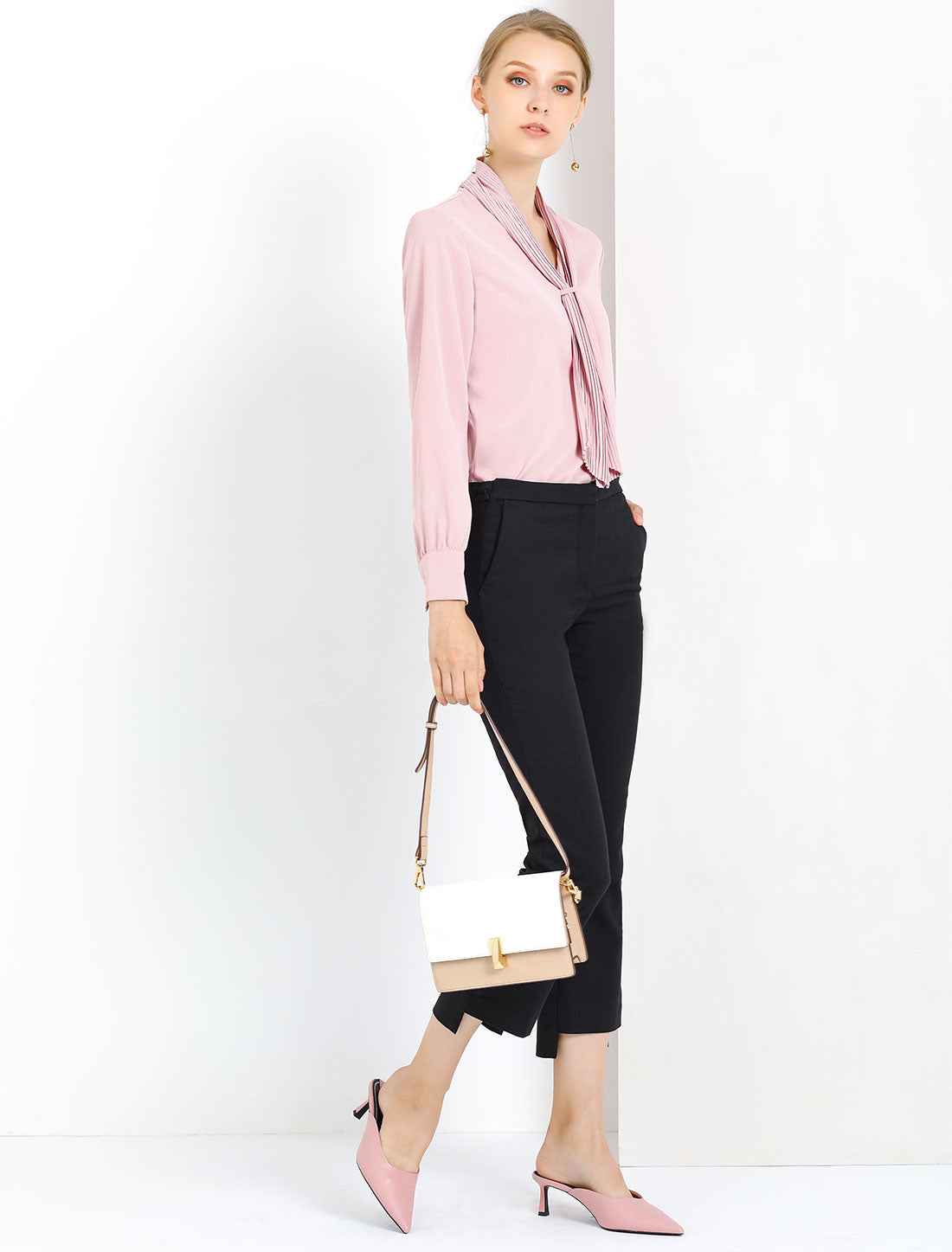 Long Sleeve Chiffon Pleated Tie Neck Office Blouse