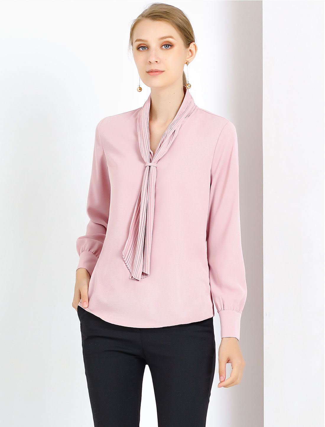 Long Sleeve Chiffon Pleated Tie Neck Office Blouse