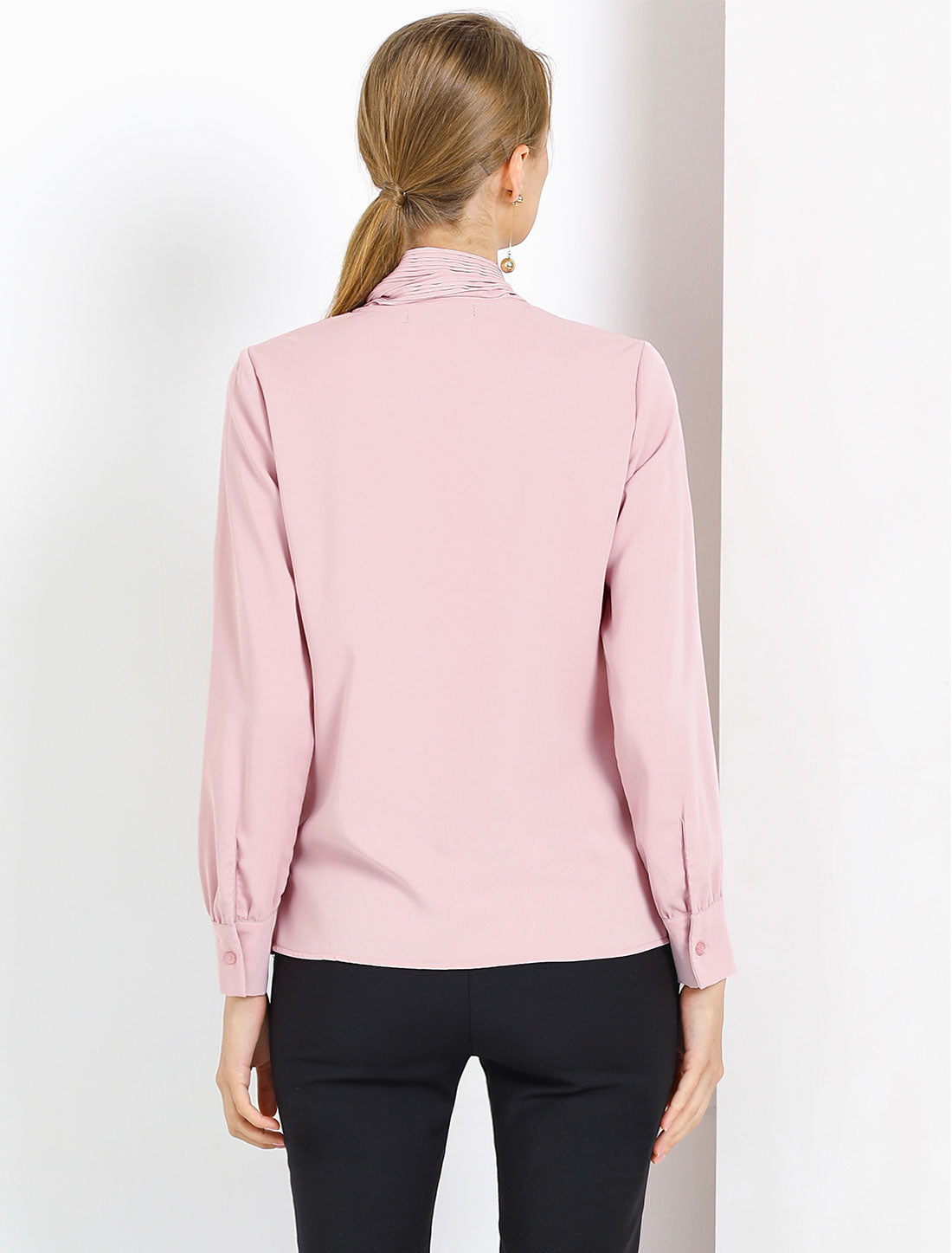 Long Sleeve Chiffon Pleated Tie Neck Office Blouse