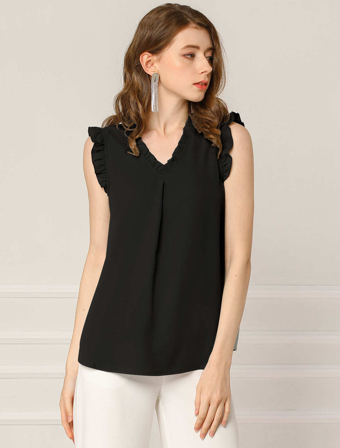 Ruffled Sleeveless Blouse 1950s Vintage Work Business Tops
