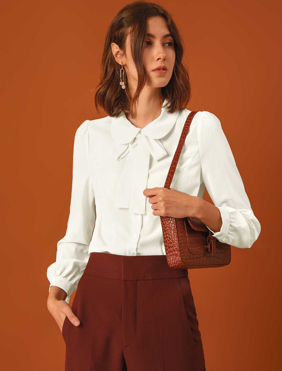 Peter Pan Collar Chiffon Bow Tie Neck Puff Sleeve Button Blouse
