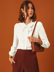 Peter Pan Collar Chiffon Bow Tie Neck Puff Sleeve Button Blouse
