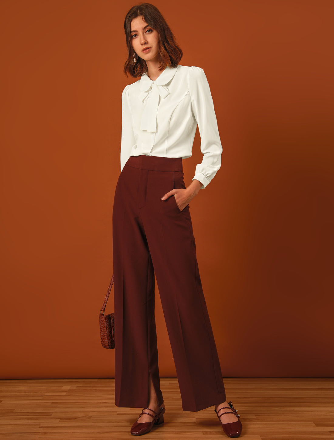 Peter Pan Collar Chiffon Bow Tie Neck Puff Sleeve Button Blouse