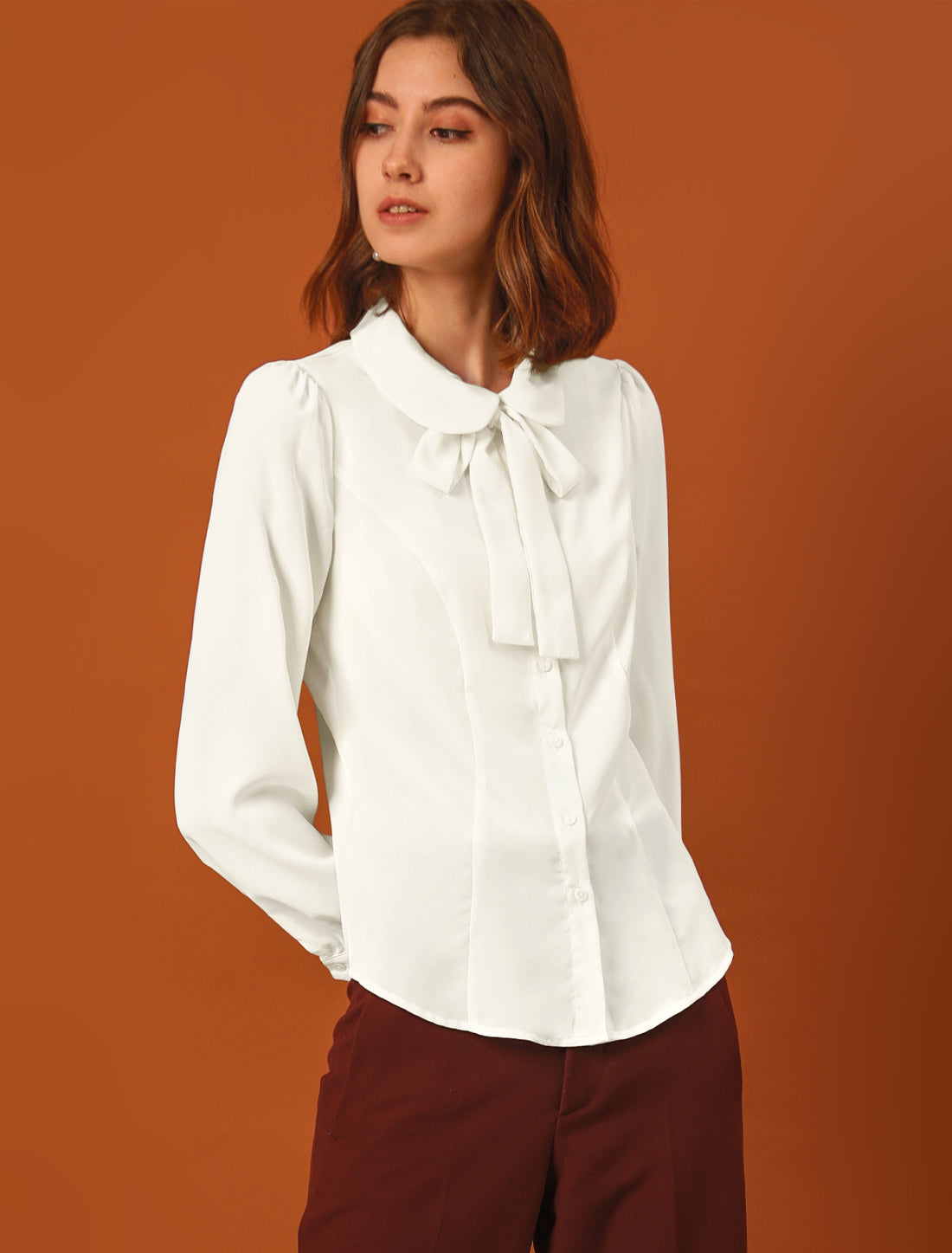 Peter Pan Collar Chiffon Bow Tie Neck Puff Sleeve Button Blouse