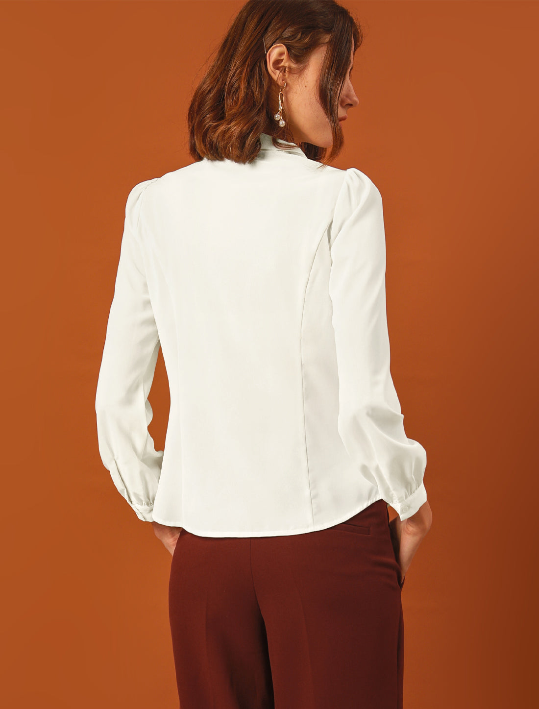 Peter Pan Collar Chiffon Bow Tie Neck Puff Sleeve Button Blouse
