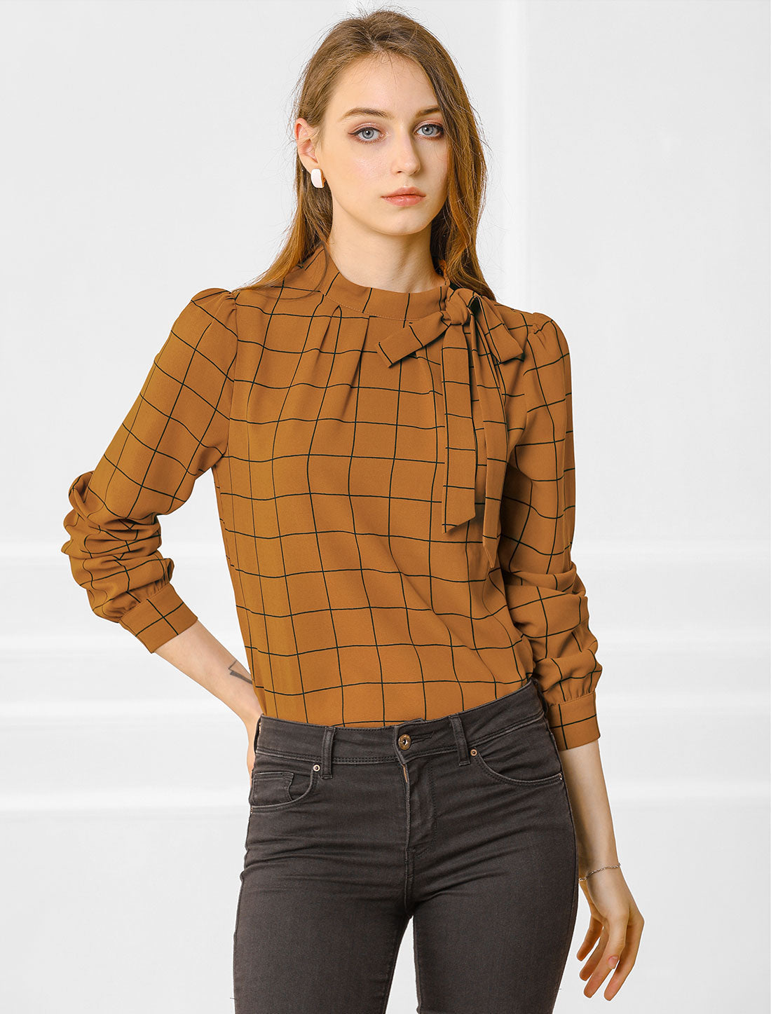 Bow Tie Neck Grid Checks Shirt Office Work Tops Blouse