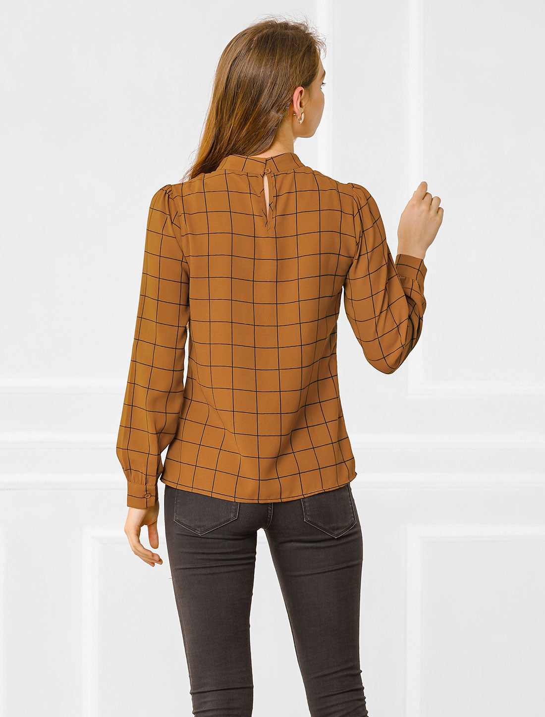 Bow Tie Neck Grid Checks Shirt Office Work Tops Blouse