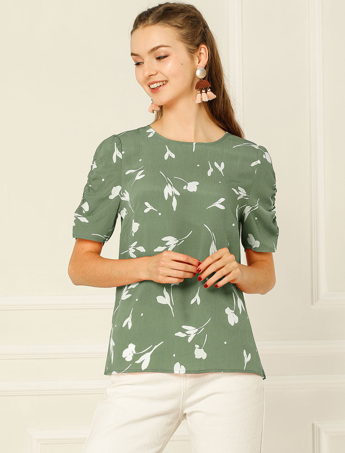 Floral Crew Neck Ruched Sleeve Casual Blouse