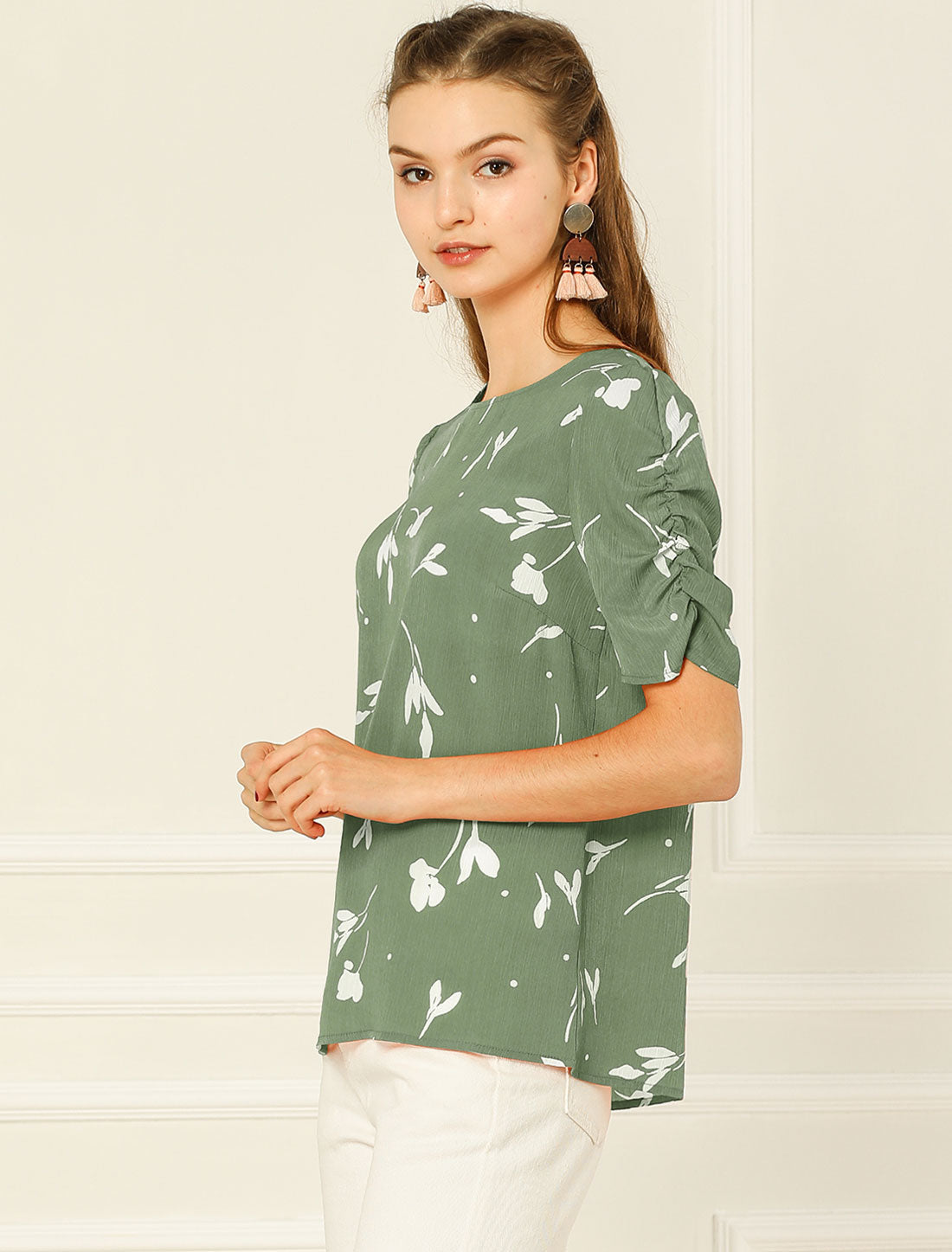 Floral Crew Neck Ruched Sleeve Casual Blouse