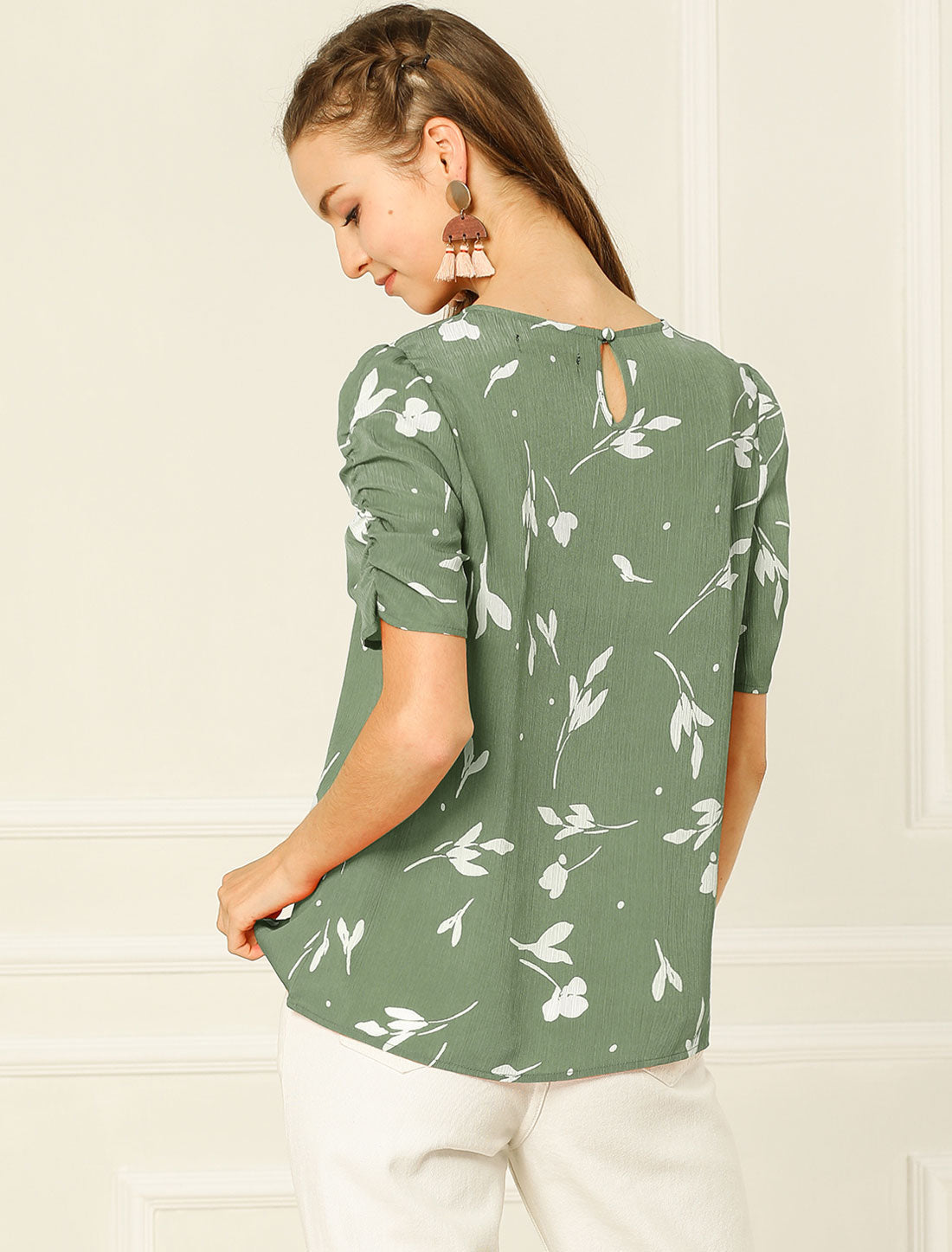 Floral Crew Neck Ruched Sleeve Casual Blouse