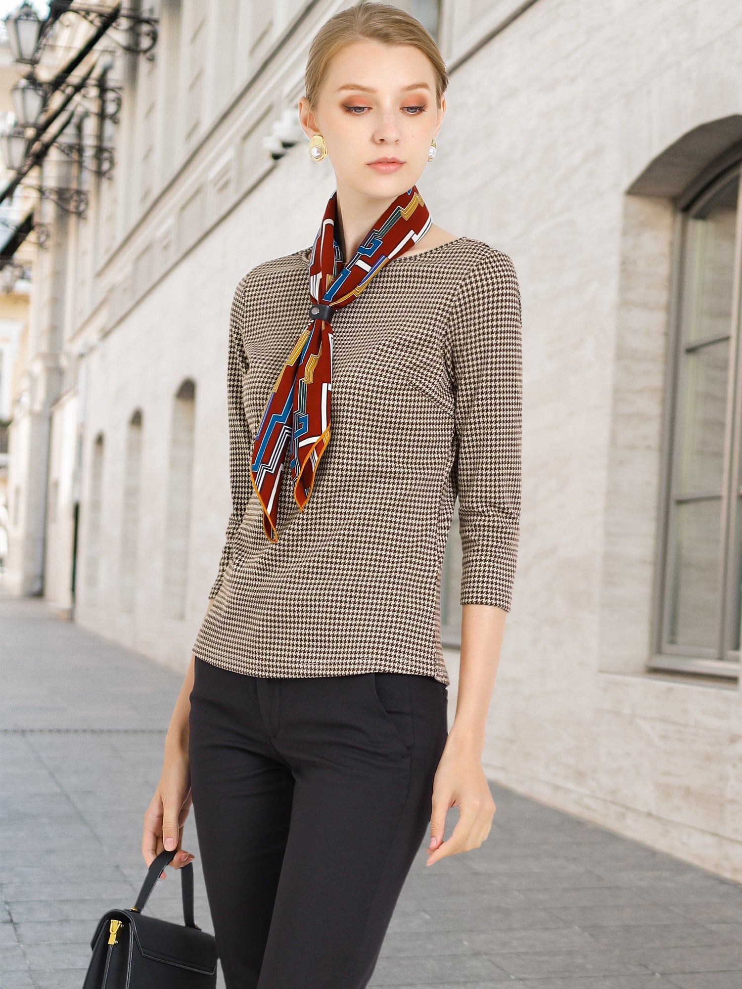 Work Office 3/4 Sleeve Boat Neck Houndstooth Printed Top Blouse