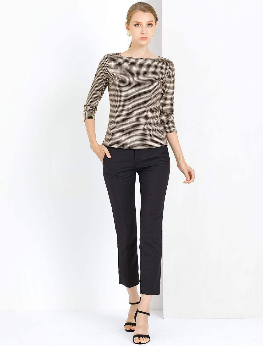 Work Office 3/4 Sleeve Boat Neck Houndstooth Printed Top Blouse