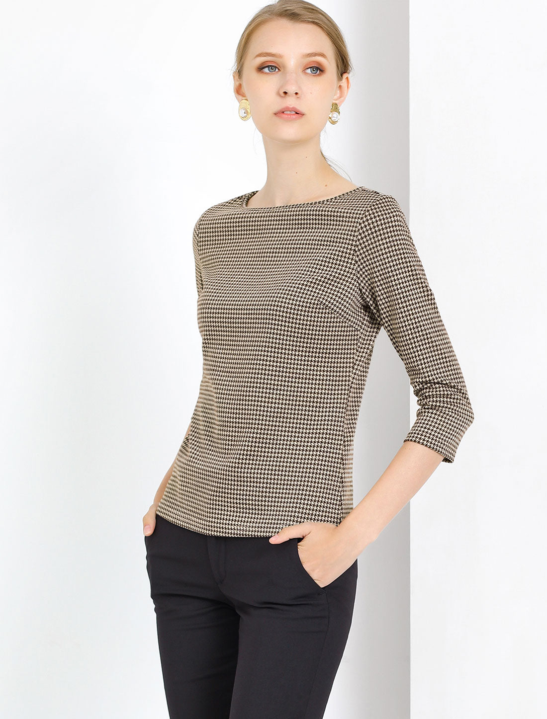 Work Office 3/4 Sleeve Boat Neck Houndstooth Printed Top Blouse