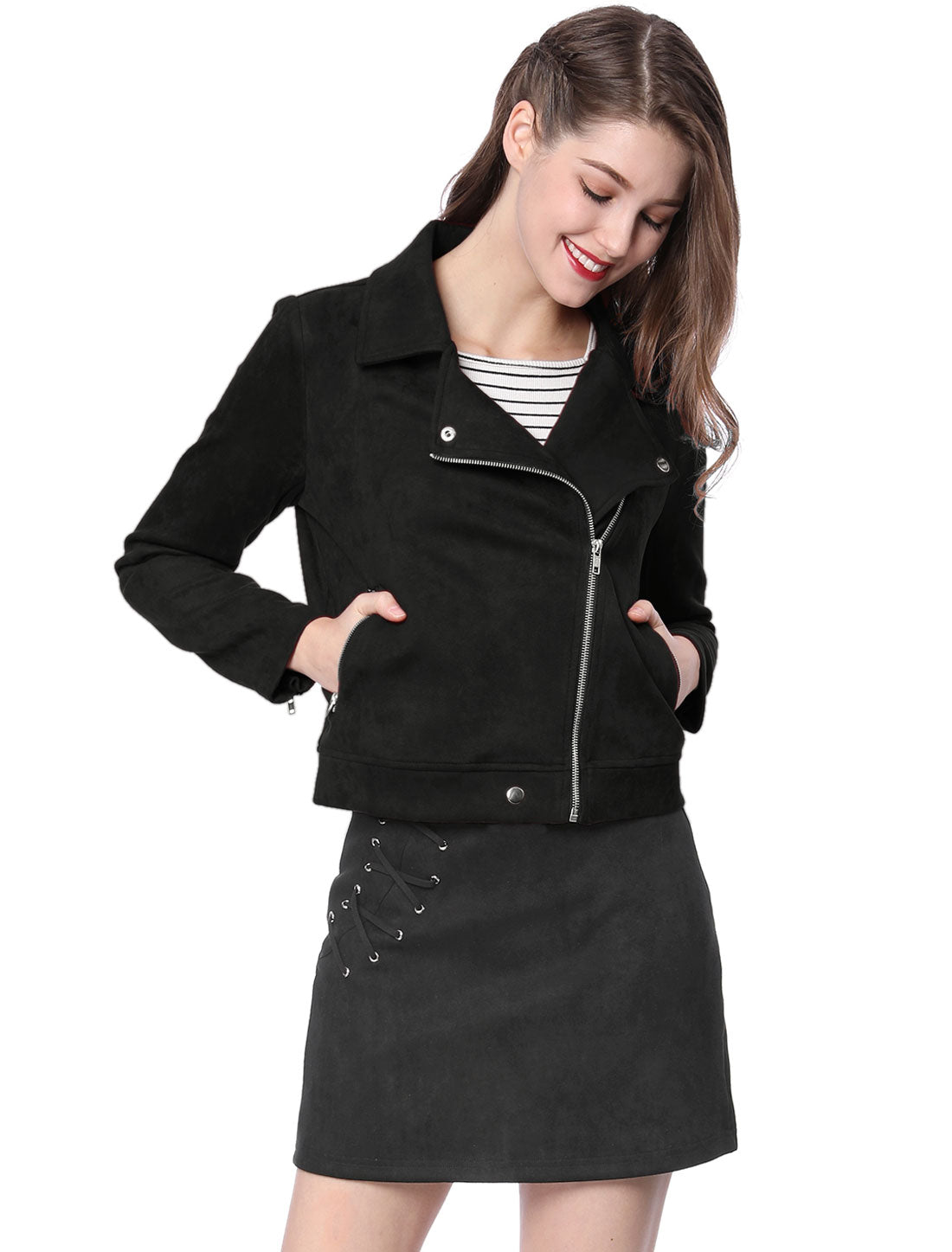 Casual Short Soft Zip Up Faux Suede Biker Moto Jacket