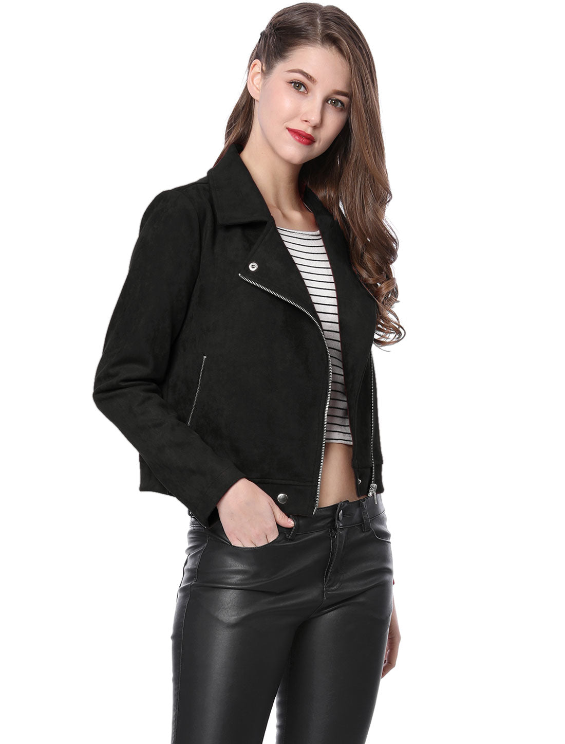 Casual Short Soft Zip Up Faux Suede Biker Moto Jacket