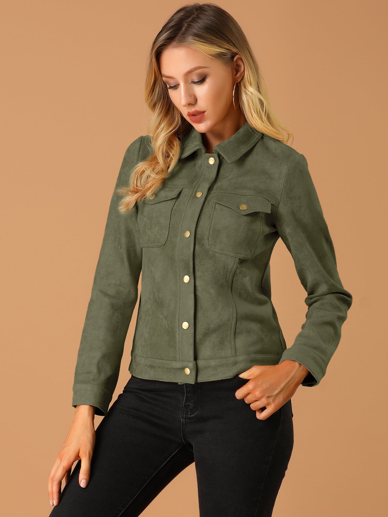 Faux Suede Turn-Down Collar Flap Pocket Snap Button Jacket