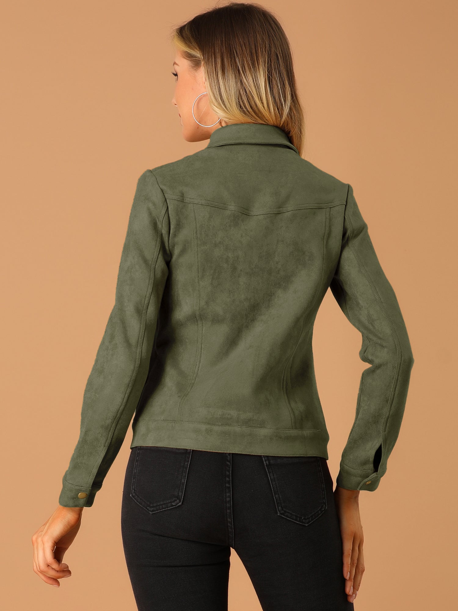 Faux Suede Turn-Down Collar Flap Pocket Snap Button Jacket