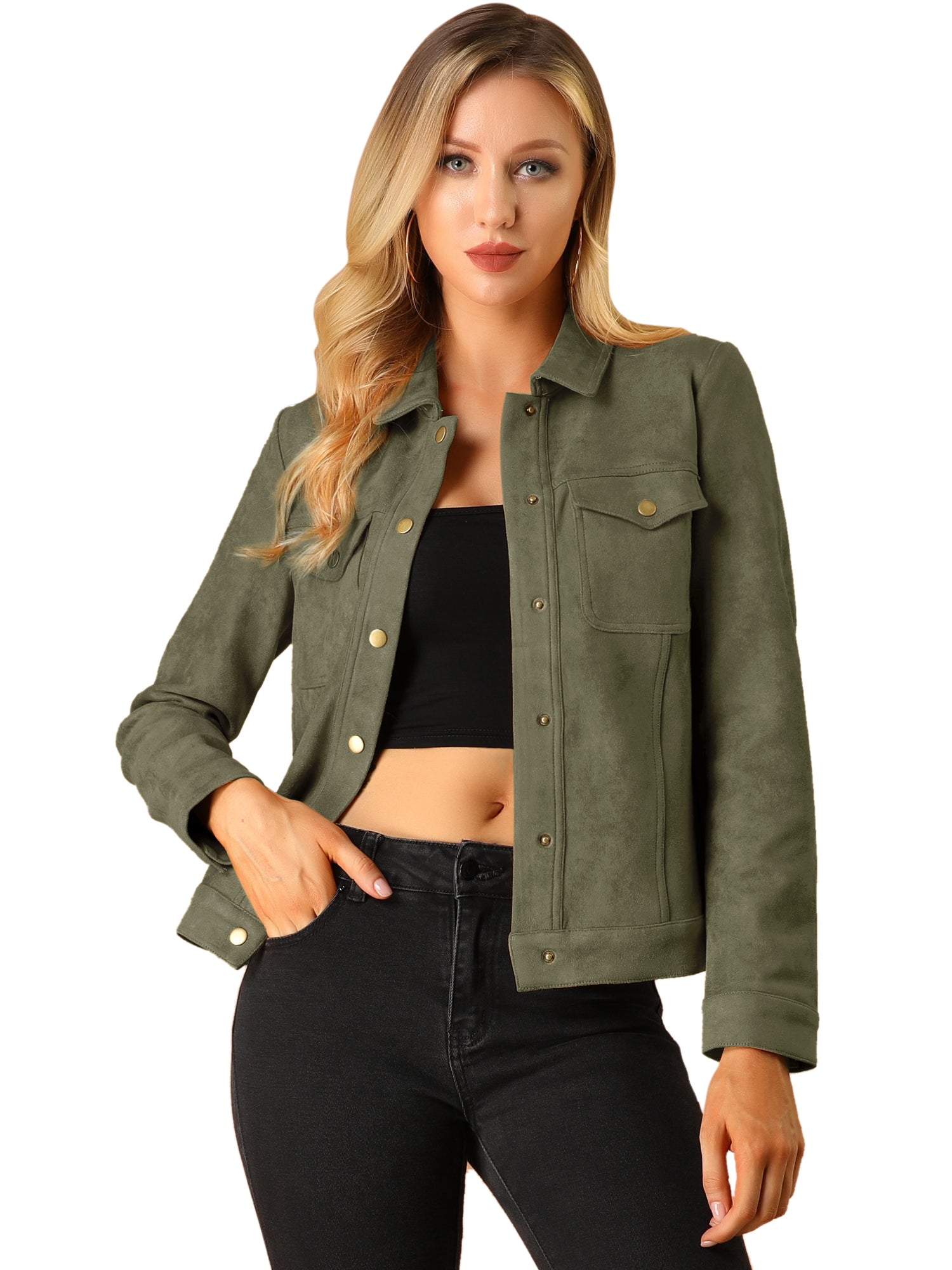 Faux Suede Turn-Down Collar Flap Pocket Snap Button Jacket