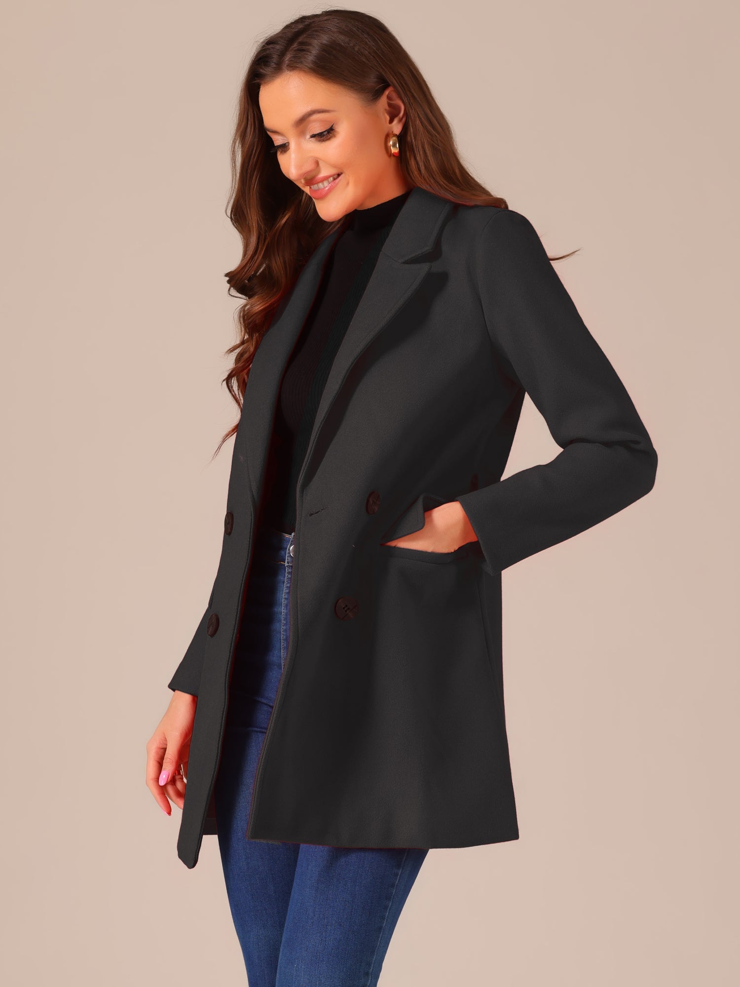 Notch Lapel Double Breasted Belted Mid Long Outwear Winter Coat
