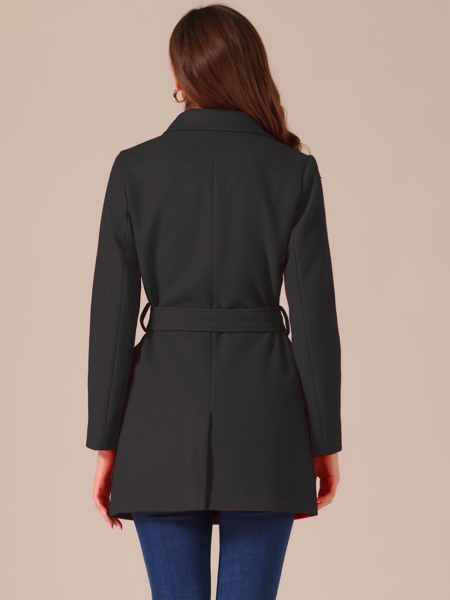Notch Lapel Double Breasted Belted Mid Long Outwear Winter Coat