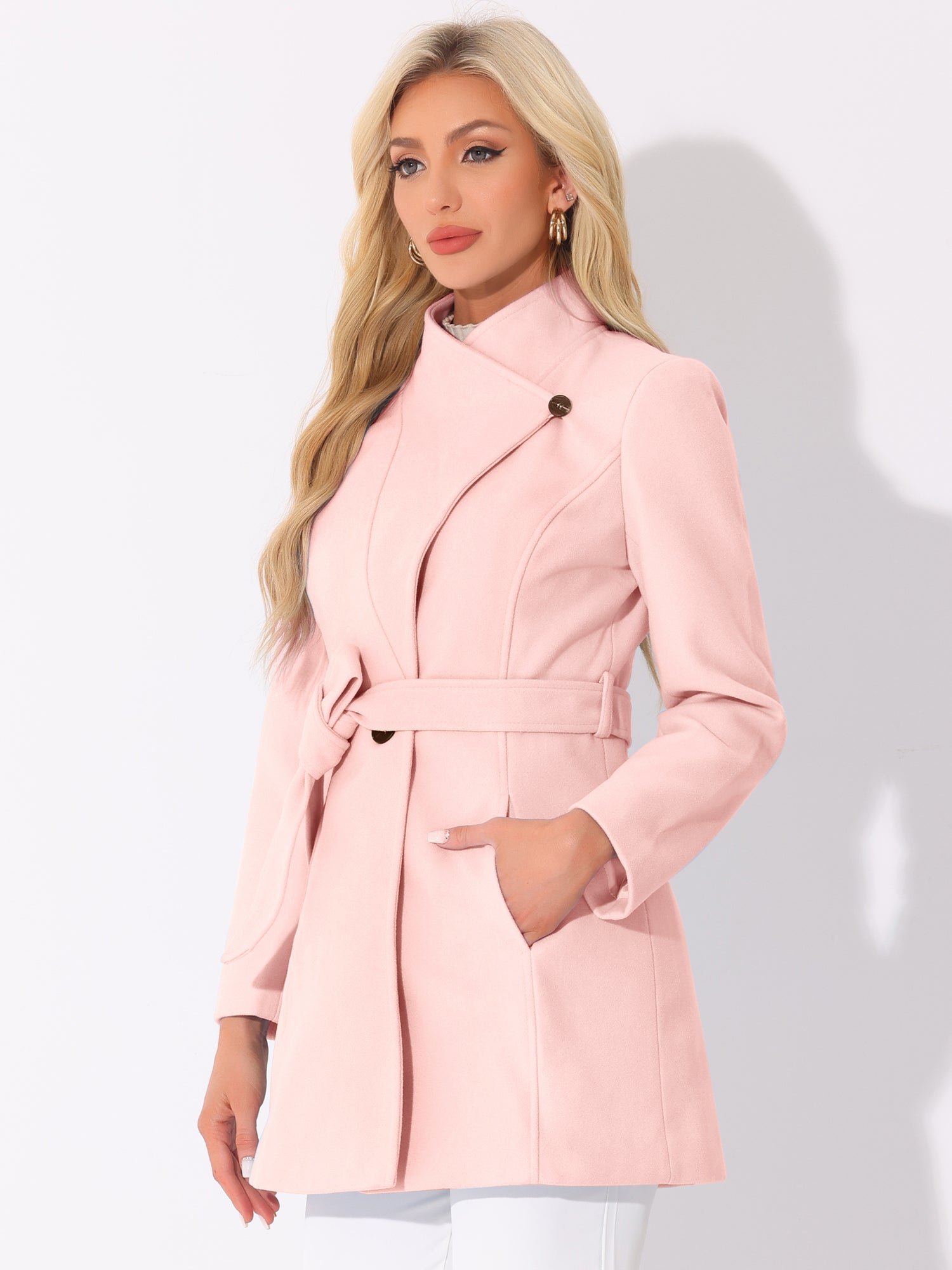Classic Stand Collar Long Sleeve Belted Winter Coat