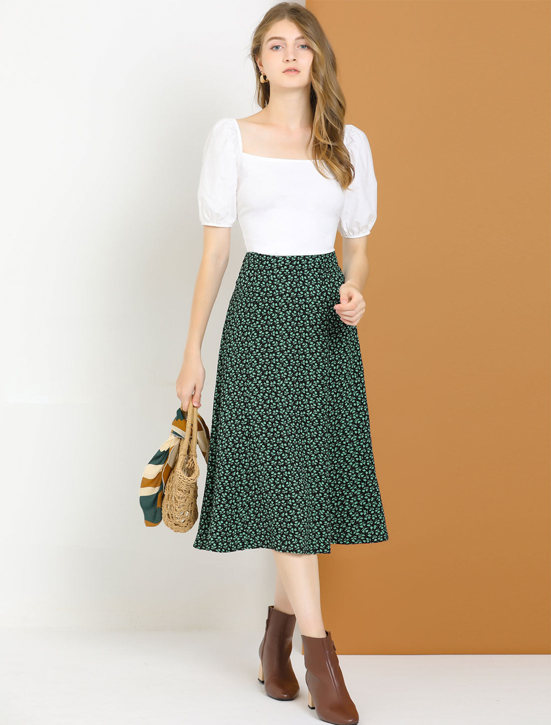 Floral Peasant Elastic Waist A-Line Ditsy Leave Midi Skirt