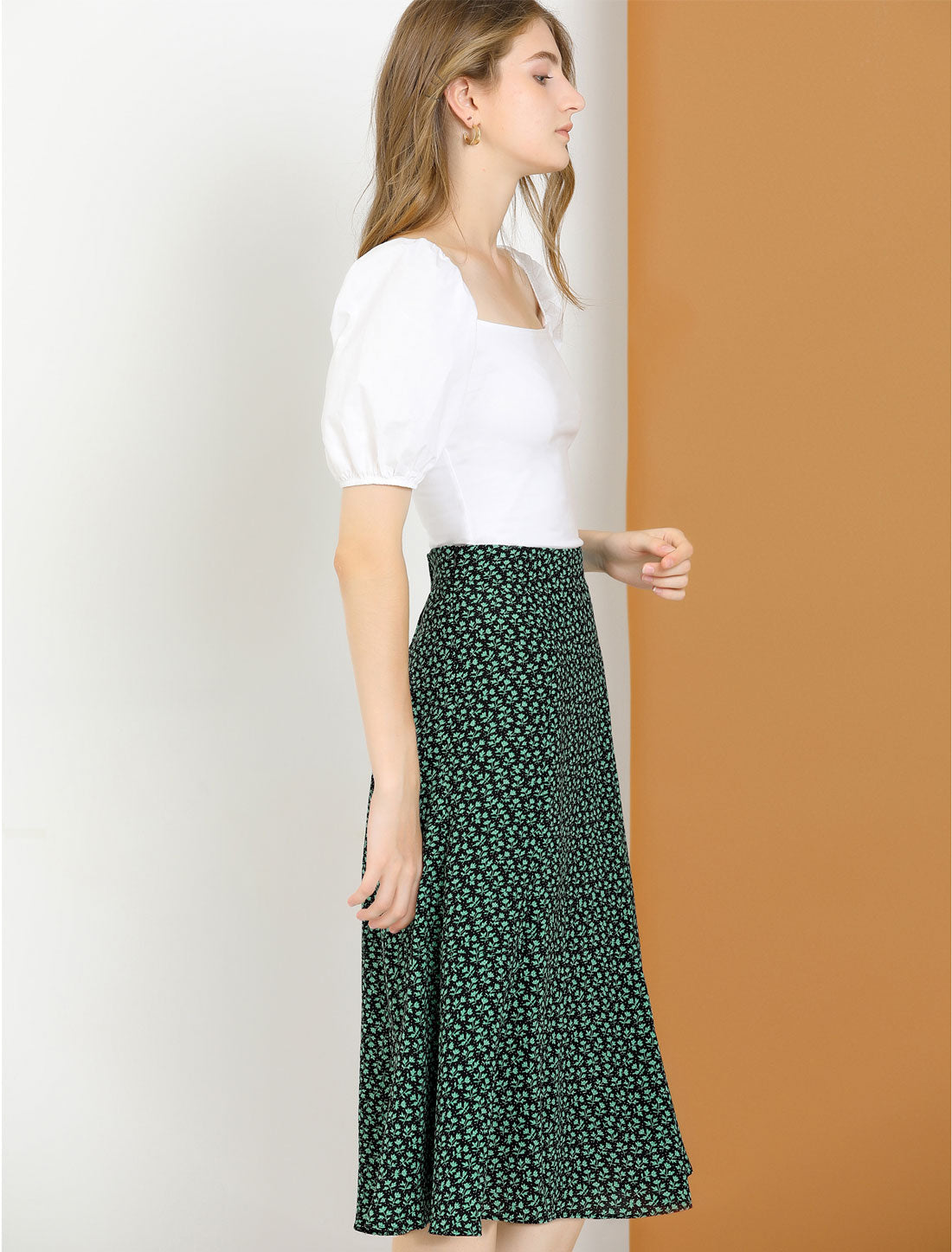 Floral Peasant Elastic Waist A-Line Ditsy Leave Midi Skirt