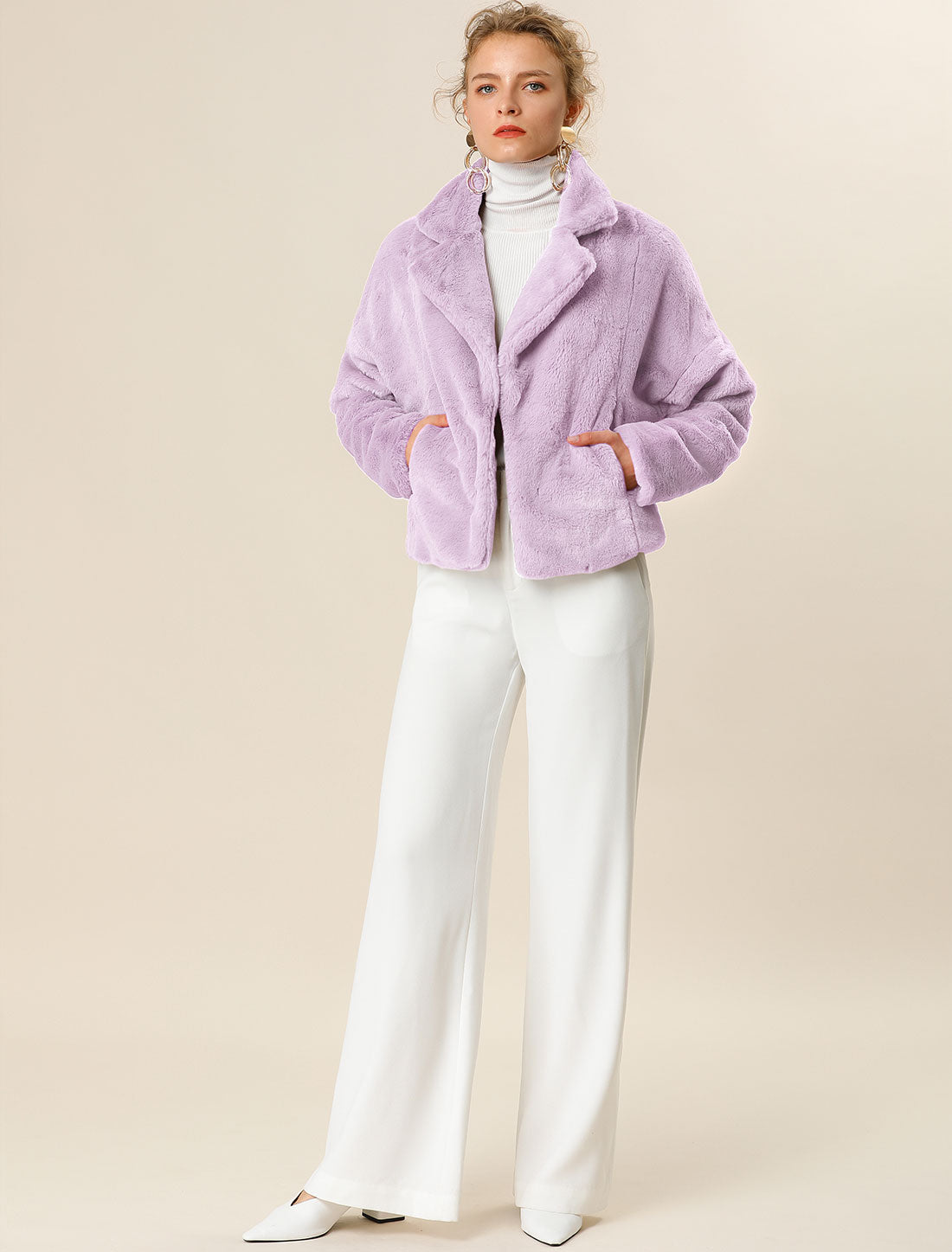 Allegra K Cropped Notch Lapel Faux Fur Fluffy Jacket