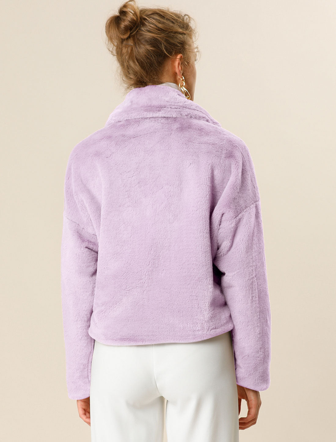 Allegra K Cropped Notch Lapel Faux Fur Fluffy Jacket