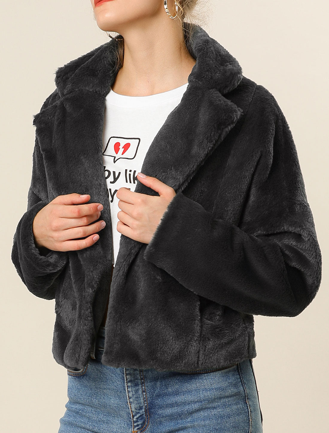 Allegra K Cropped Notch Lapel Faux Fur Fluffy Jacket