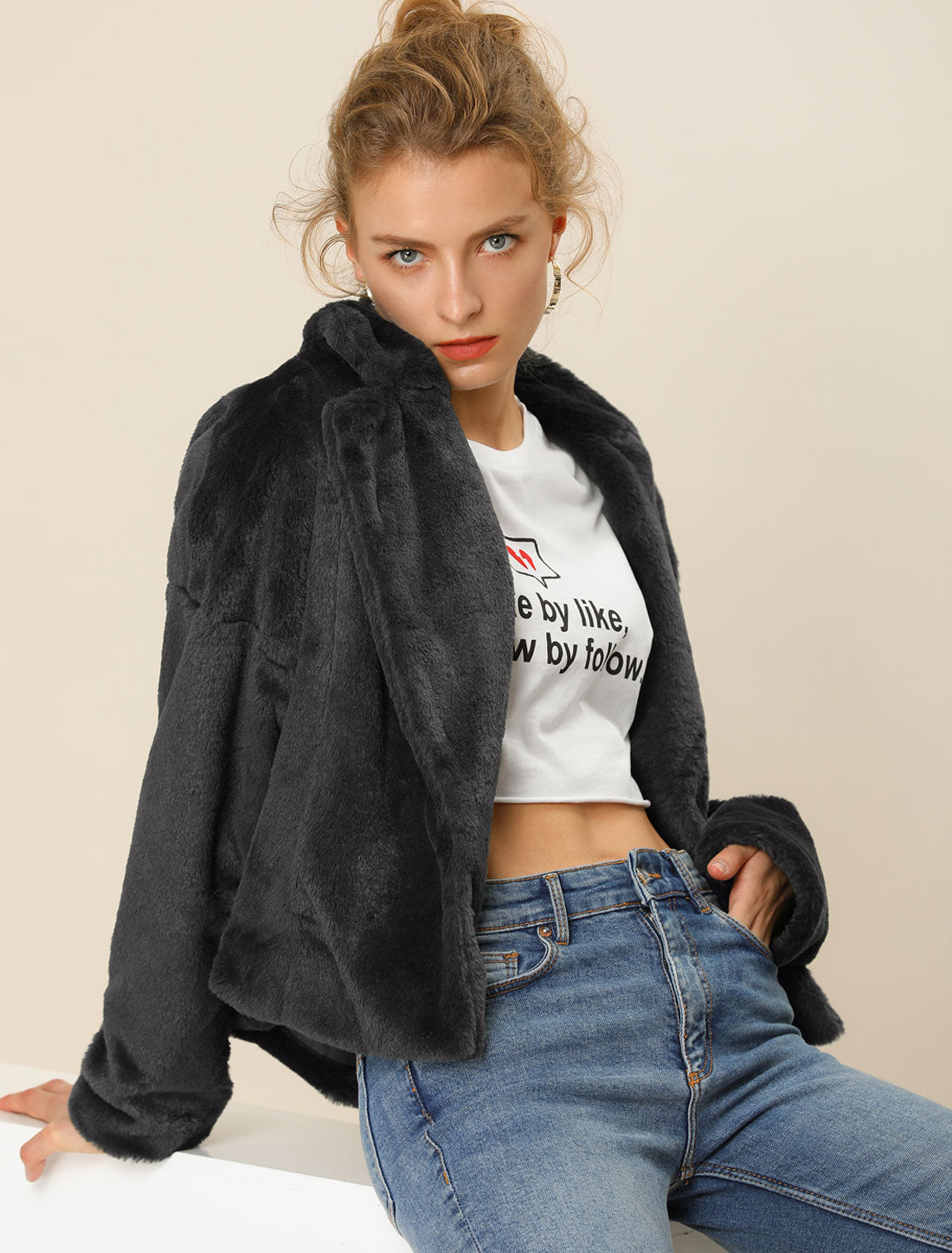 Allegra K Cropped Notch Lapel Faux Fur Fluffy Jacket
