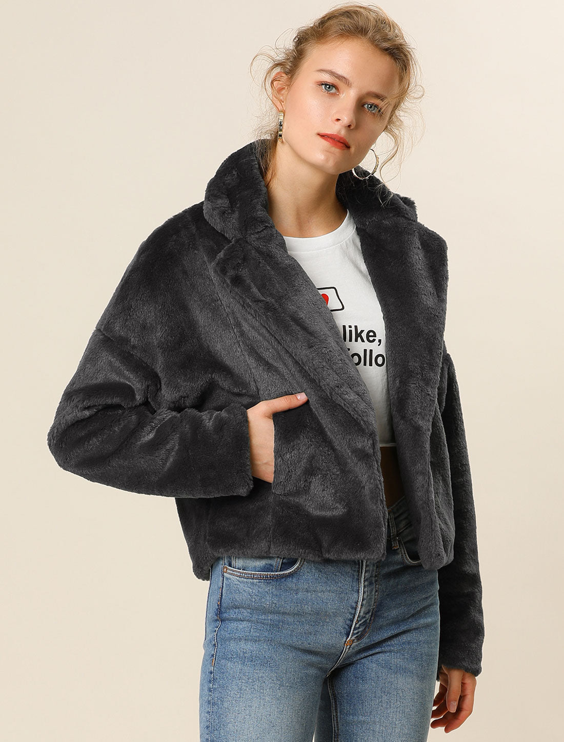 Allegra K Cropped Notch Lapel Faux Fur Fluffy Jacket