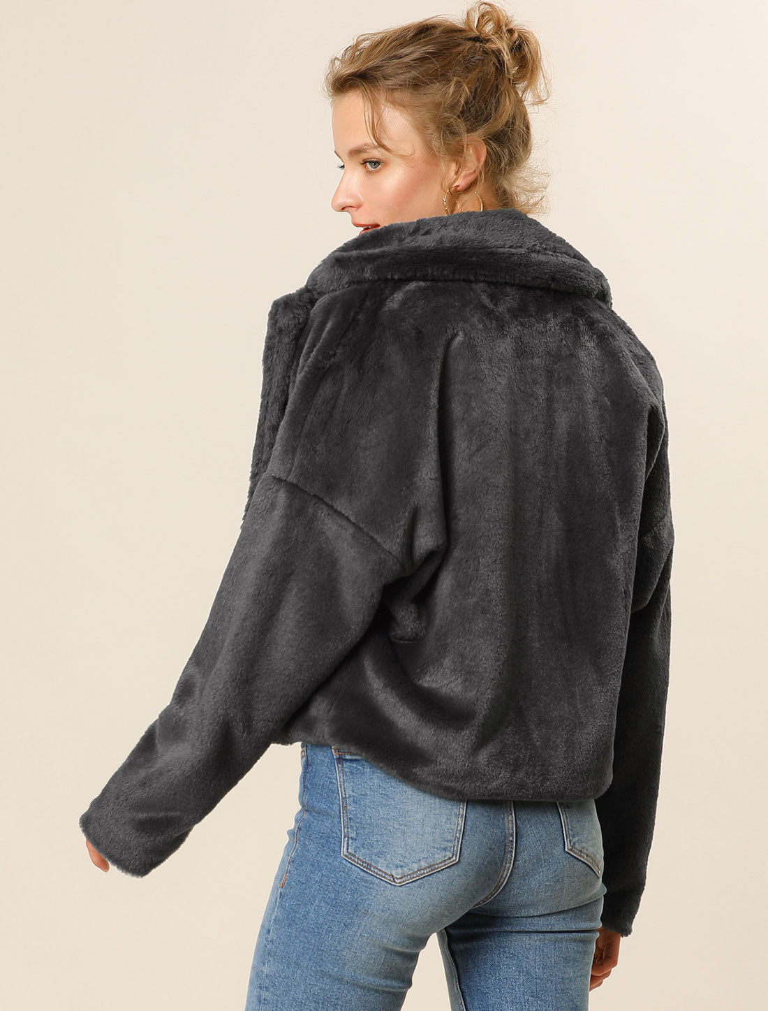Allegra K Cropped Notch Lapel Faux Fur Fluffy Jacket