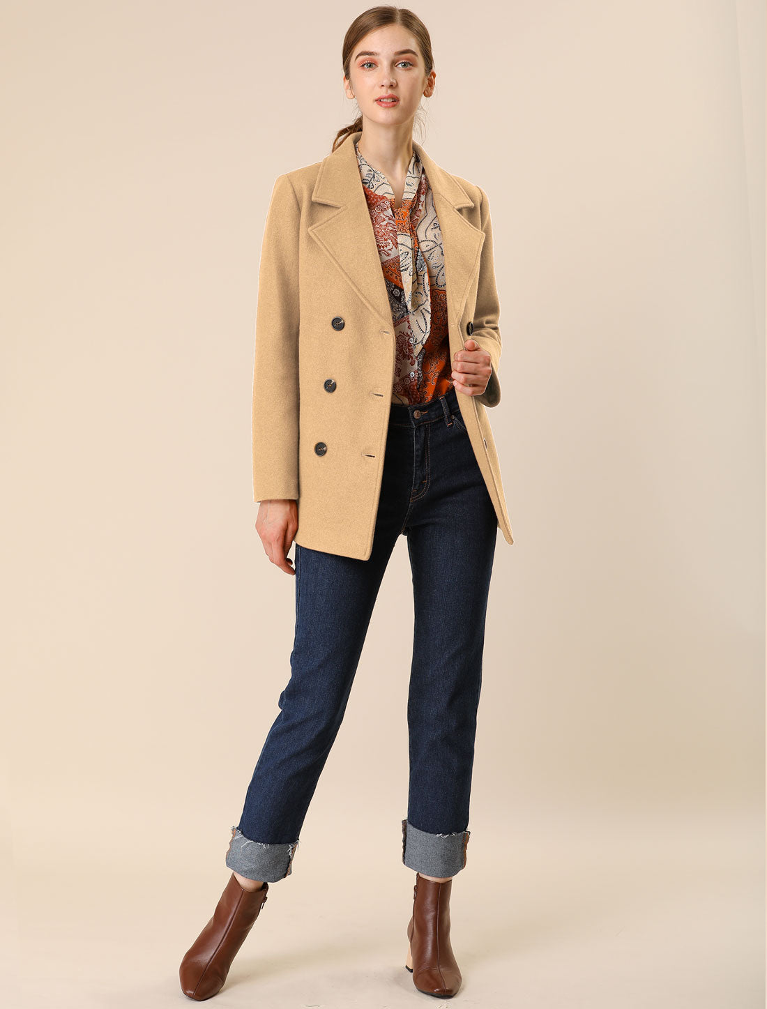 Long Sleeve Double Breasted Button Winter Outerwear Pea Coat
