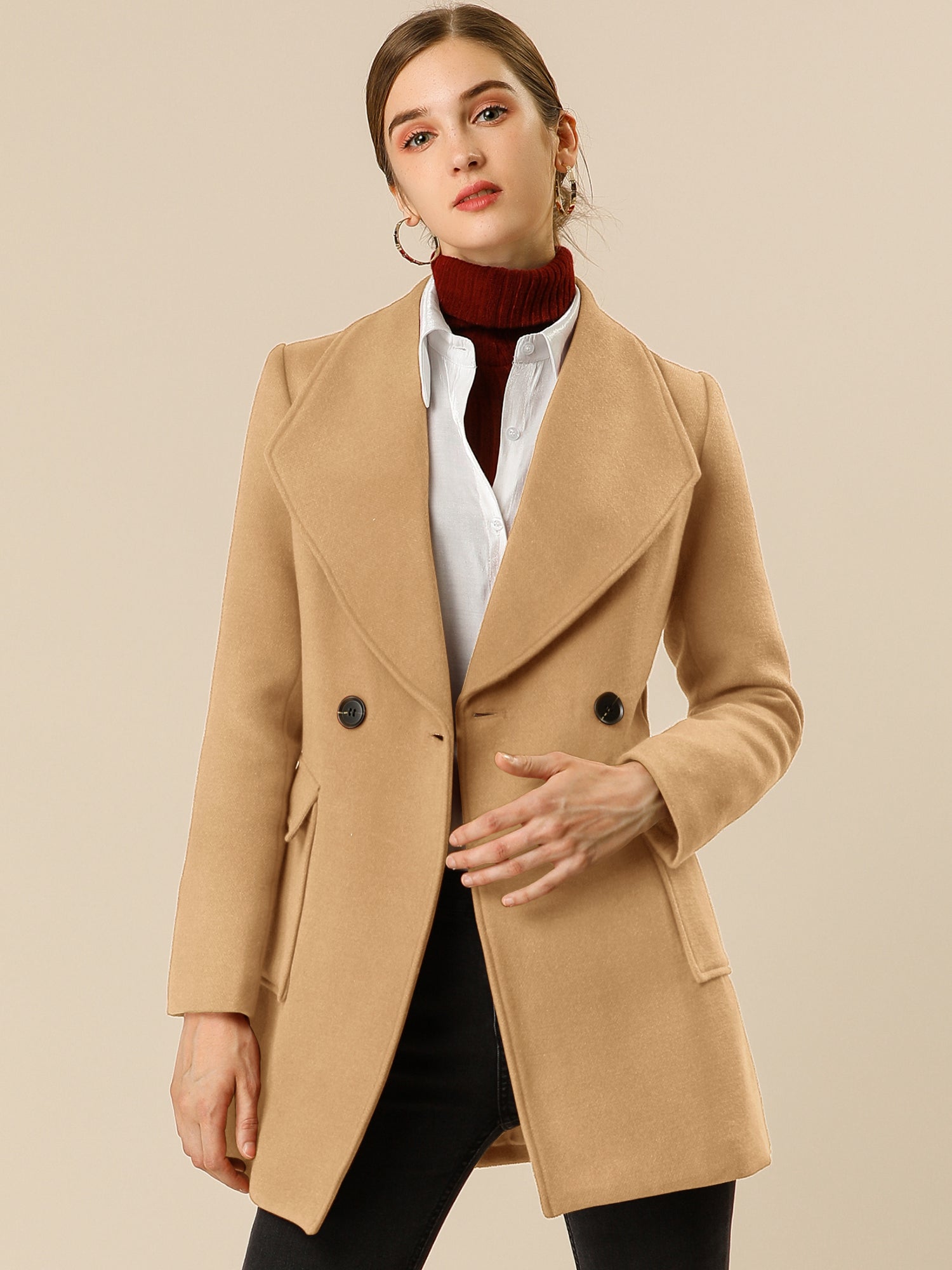 Shawl Collar Lapel Double Breasted Winter Belted Coat with Pockets