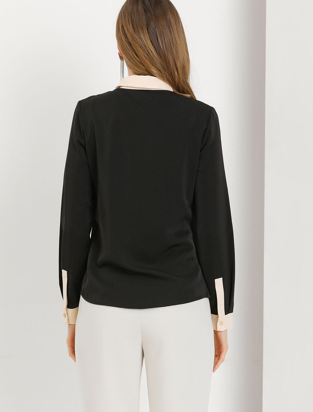 Contrast Collar Shirt Chiffon Long Sleeve Work Office Blouse