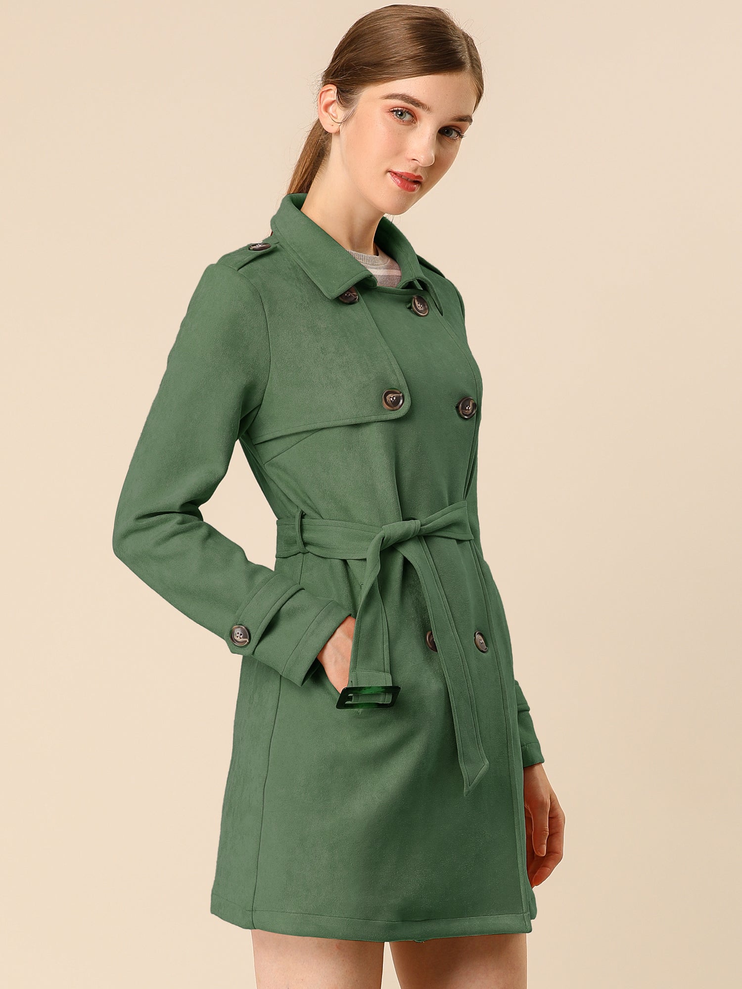 Notched Lapel Double Breasted Faux Suede Trench Coat Jacket with Belt