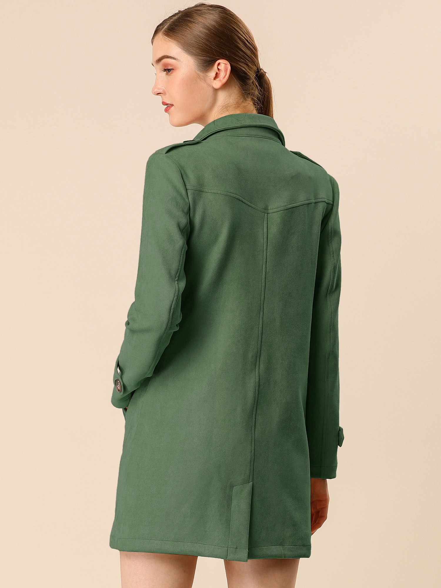 Notched Lapel Double Breasted Faux Suede Trench Coat Jacket with Belt