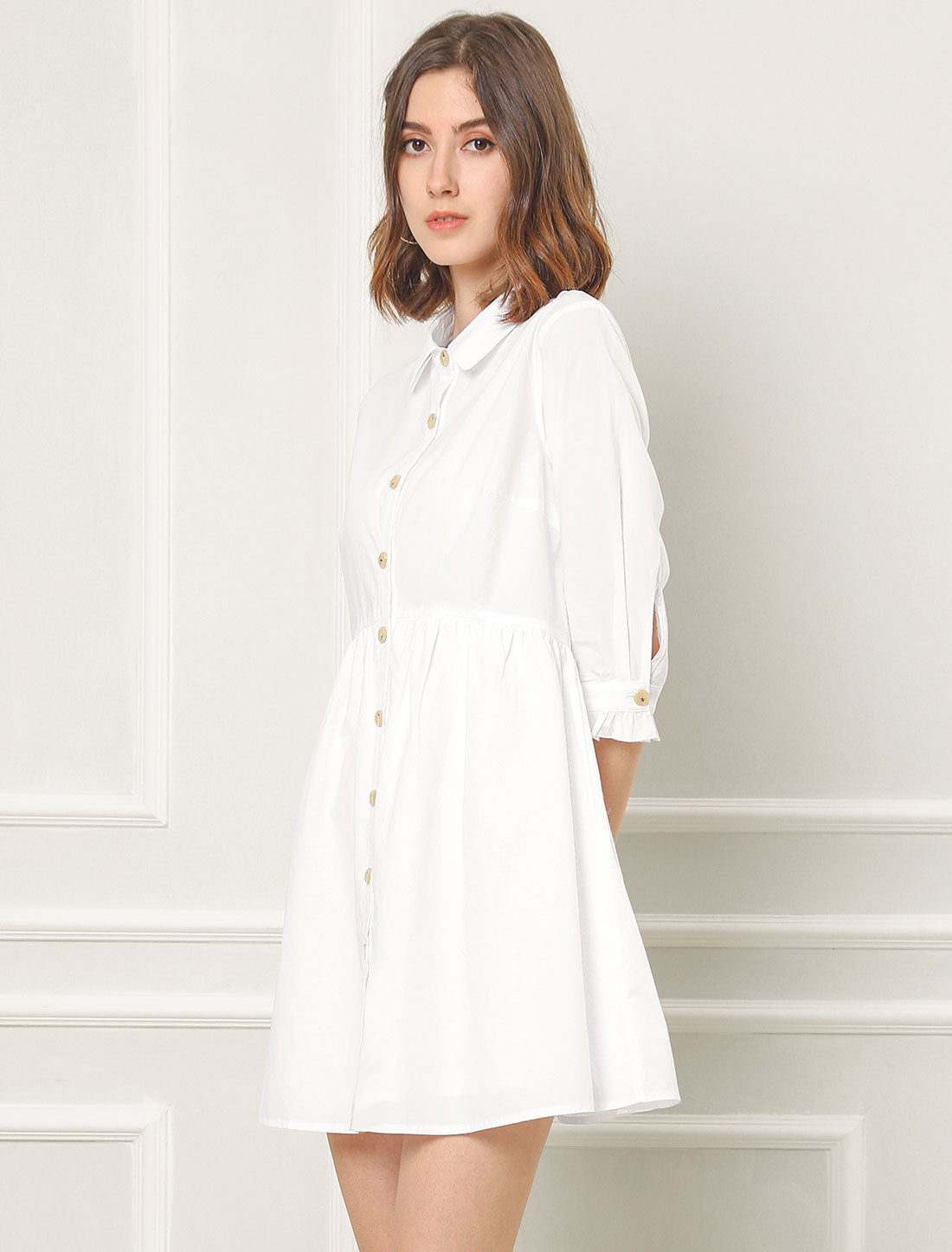 Ruched 3/4 Sleeve Button Up Casual Mini Shirt Dress