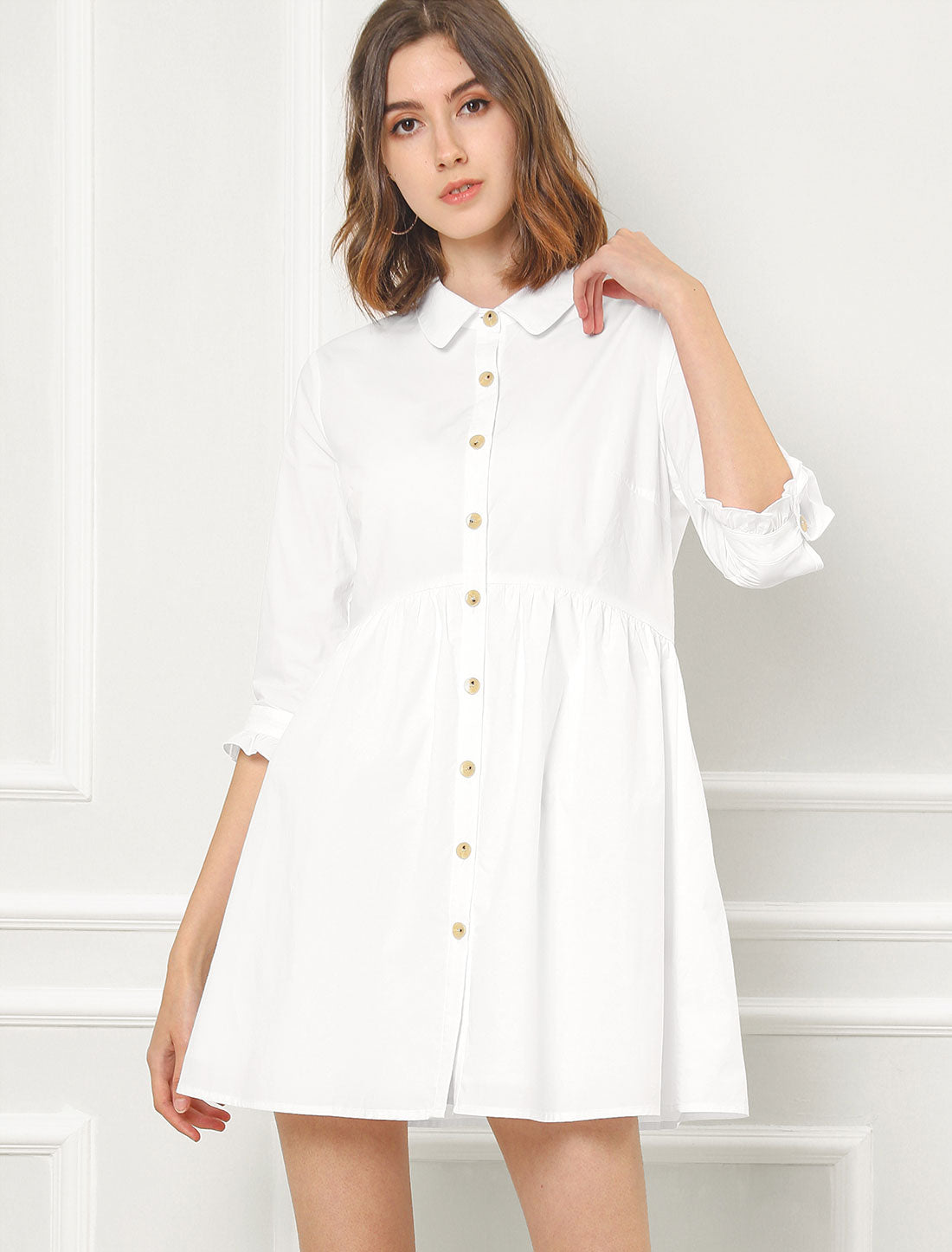 Ruched 3/4 Sleeve Button Up Casual Mini Shirt Dress