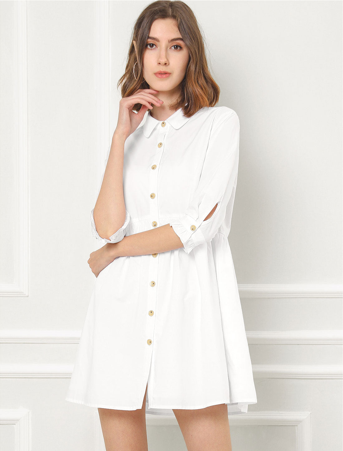Ruched 3/4 Sleeve Button Up Casual Mini Shirt Dress