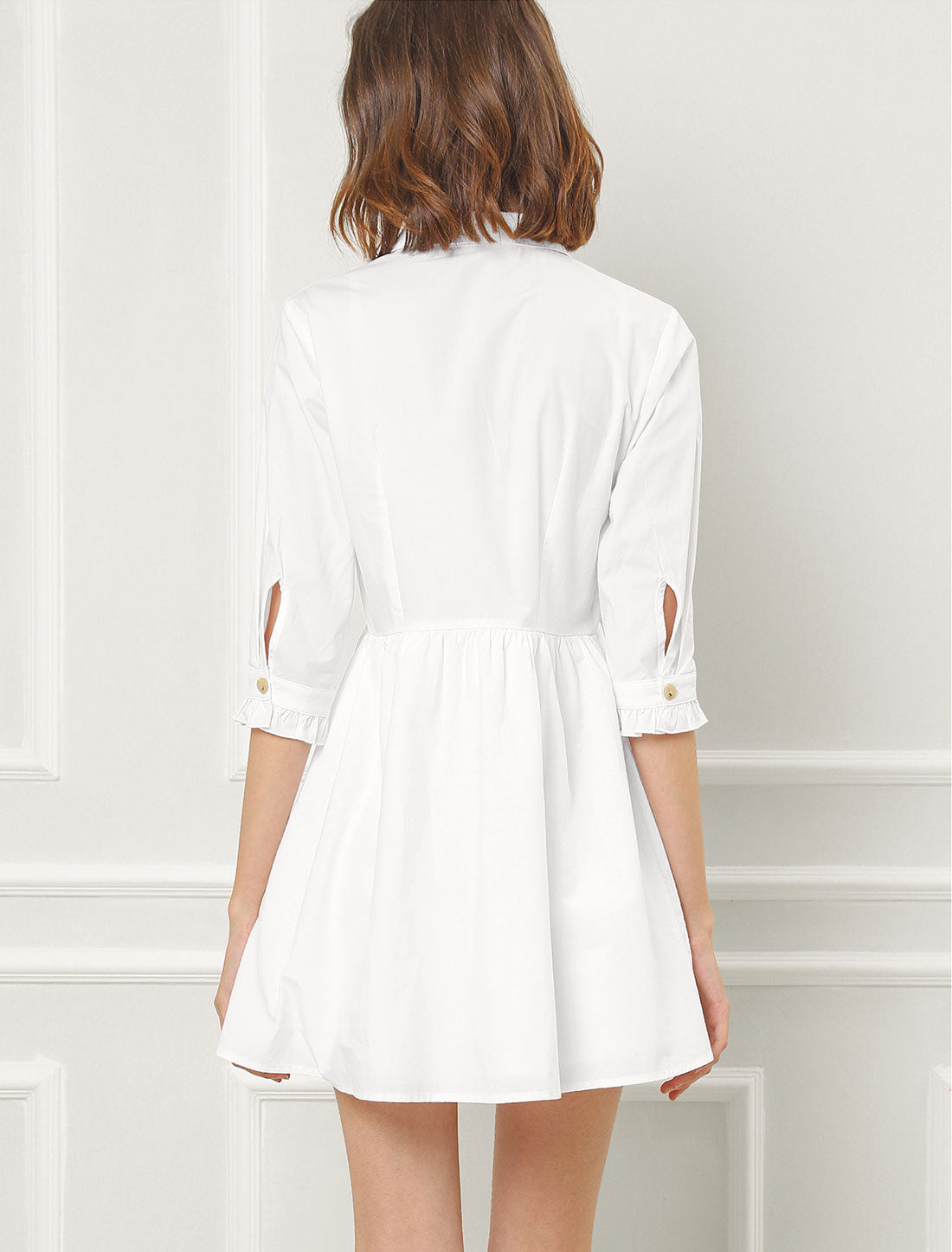 Ruched 3/4 Sleeve Button Up Casual Mini Shirt Dress