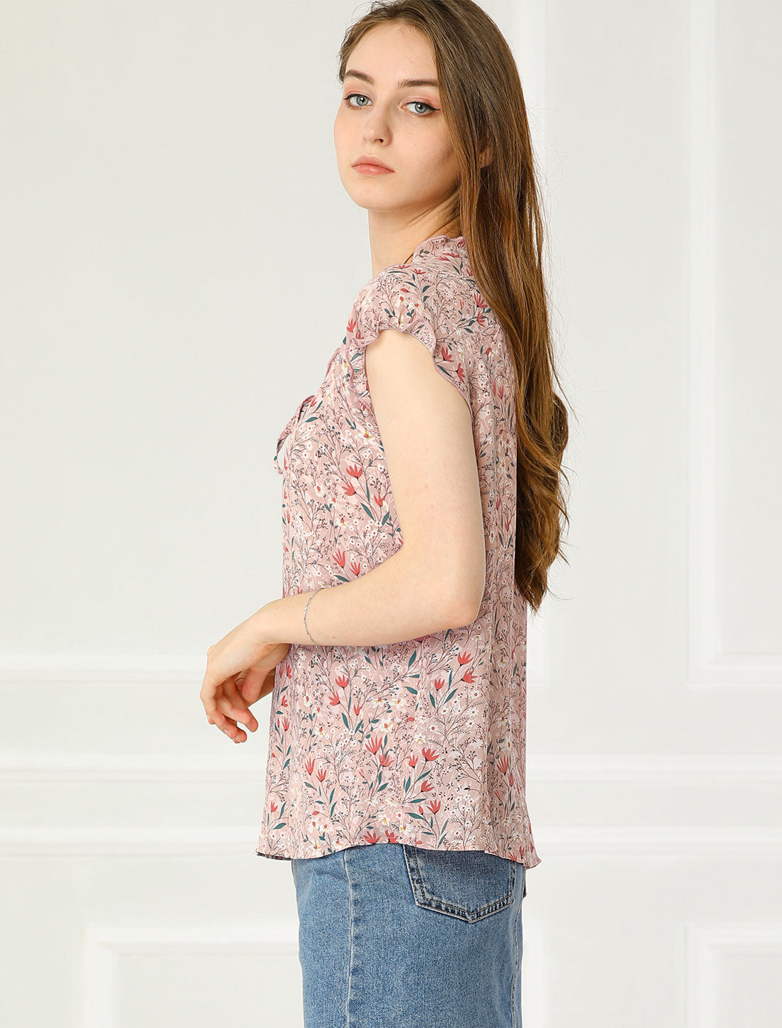 Ditsy Floral Print Chiffon Short Sleeve Ruffle Blouse