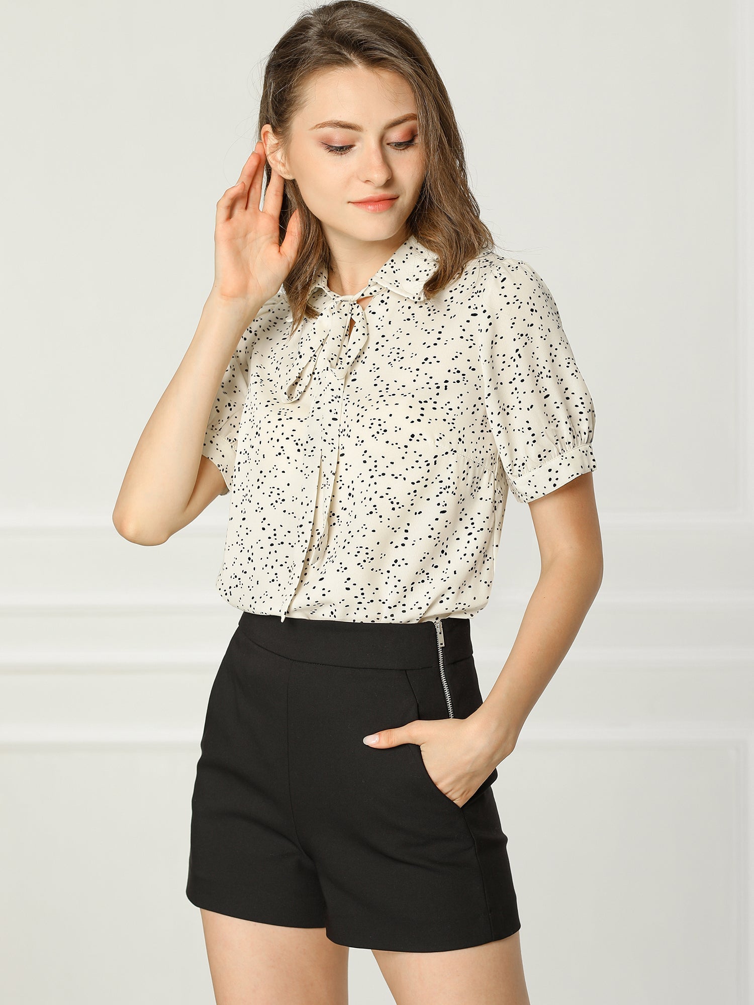 Retro Dots Bow Tie Peter Pan Collar Chiffon Blouse