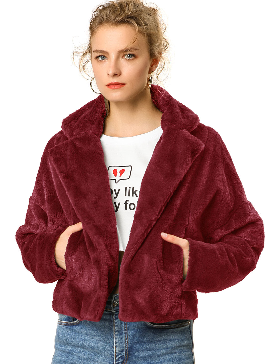 Allegra K Cropped Notch Lapel Faux Fur Fluffy Jacket