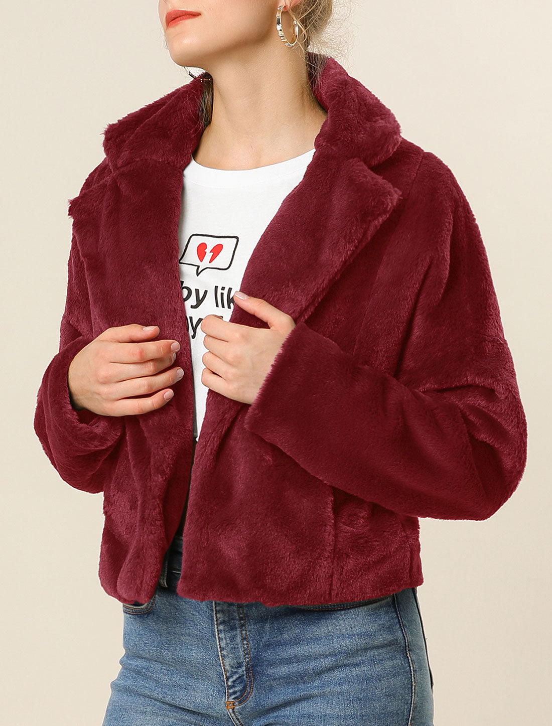 Allegra K Cropped Notch Lapel Faux Fur Fluffy Jacket